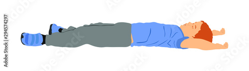 Patient boy need first aid rescue. Dead boy lying on ground vector illustration. Unconscious child after car crush accident. Sick kid want help. Injured person waiting paramedic. Patient need doctor.