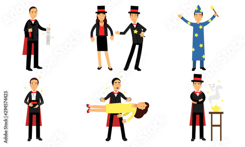 Vector Illustrations Set With Magic Tricks Of Illusionist Isolated On White Background