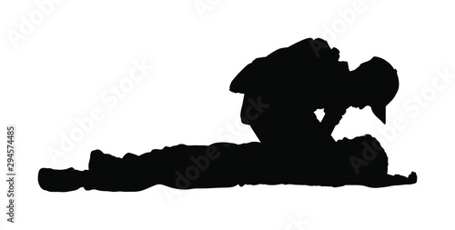 Boy helps friend in unconscious drowning. Car accident victim. Paramedic rescue patient first aid vector silhouette. Sneak attack rescue team. Fire victim evacuation. Health care training dead body.