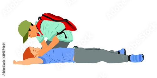 Boy helps friend in unconscious drowning. Car accident victim. Paramedic rescue patient first aid vector illustration. Snake attack rescue team. Fire victim evacuation. Health care training dead body.