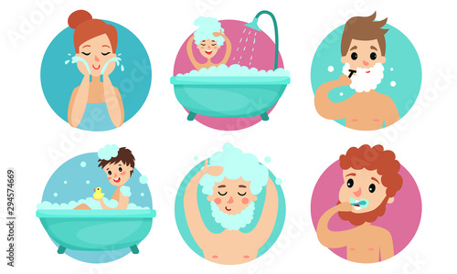 Vector Illustration Set Of Routine Hygiene Procedures In The Bathroom