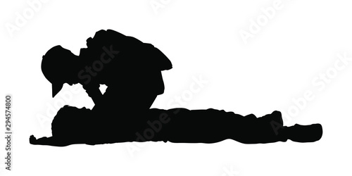 Boy helps friend in unconscious drowning. Car accident victim. Paramedic rescue patient first aid vector silhouette. Sneak attack rescue team. Fire victim evacuation. Health care training dead body.