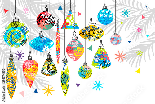 Christmas greeting cards background, New Year, Merry Christmas tree branches decor. Seasons decoration design pattern, packaging, cover, banner. Hand drawn vector illustration.