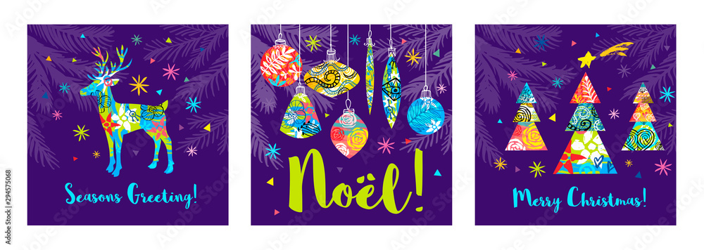 Noel lettering seasons greeting card. Merry Christmas tree branch colorful deer decor. New Year ornamental decoration snowflakes design pattern, packaging, cover, banner.