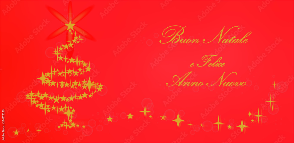 Weihnachtskarte Frohe Weihnachten und ein gutes neues Jahr auf italienisch mit strahlendem Baum auf rotem Hintergrund