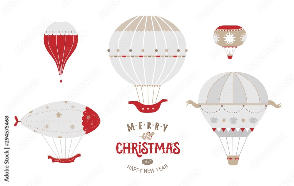Fototapeta premium Poster or postcard Merry Christmas template design, Happy New year and Christmas sign, emblem with air balloons illustration set