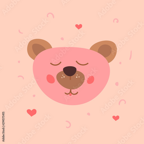 The head of a sleepy pink bear. Wild forest animals. Children's design. Hand-drawn illustration.