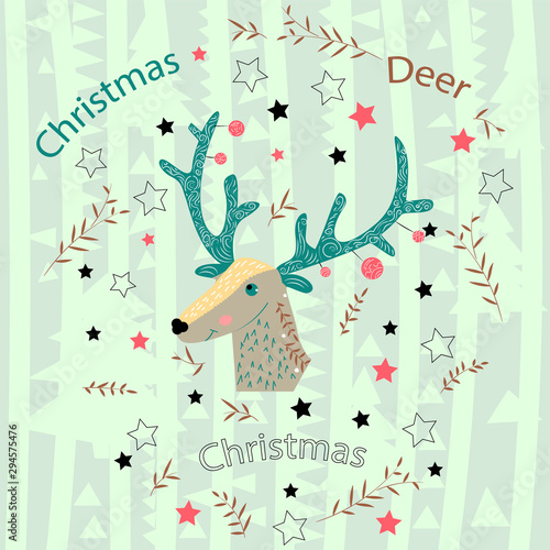 Christmas deer with blue-green decorated horns. Scandinavian style, set of elements. Childish design. Hand-drawn illustration.