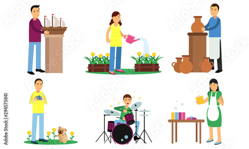 Men and women for different types of hobbies. Vector illustration.