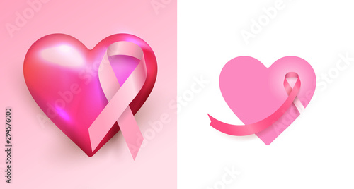 Set of Pink cancer ribbon with heart. Woman cancer icon design, App icon. Vector illustration. Isolated on white background.