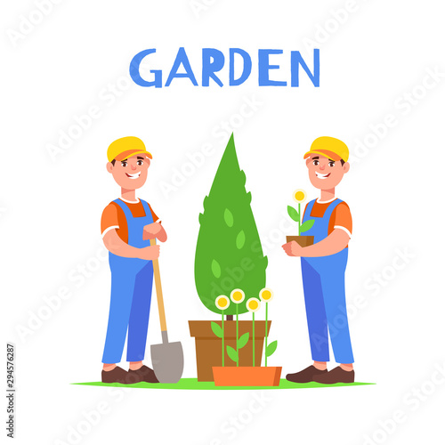 Vector illustration of gardeners and garden workers with plants