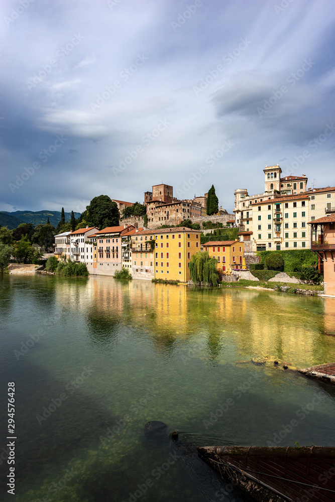 Bassano del Grappa town and the river Brenta photographed from the bridge of the Alpini, Vicenza province, Veneto, Italy, Europe