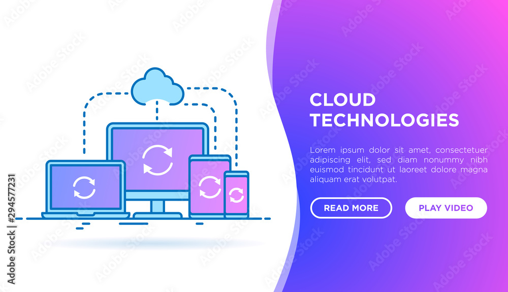 Cloud technologies web page template with thin line icons: monoblock, laptop, tablet and smartphone are connected with cloud datebase. Backup, uploud and download froum cloud. Vector illustration. Cloud technologies web page template with thin line icons: monoblock, laptop, tablet and smartphone are connected with cloud datebase. Backup, uploud and download froum cloud. Vector illustration.