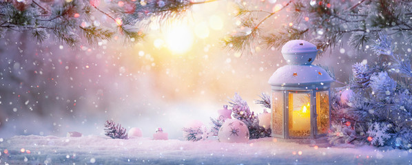  Christmas Lantern On Snow With Fir Branch. Winter Landscape