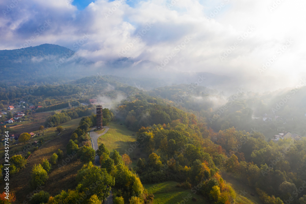 Fototapeta premium Aerial early morning view of Sovata town in autumn, Romania.