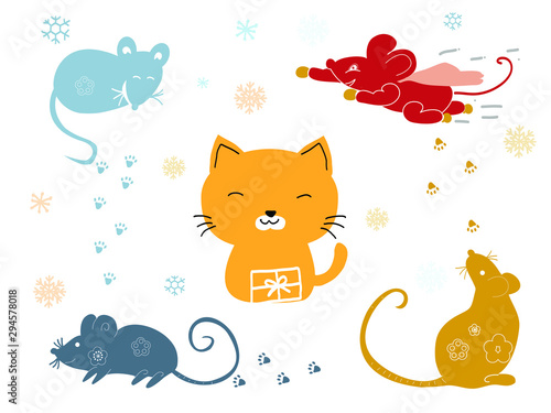 Funny christmas mouse and cat. Vector drawing on a leom background. photo