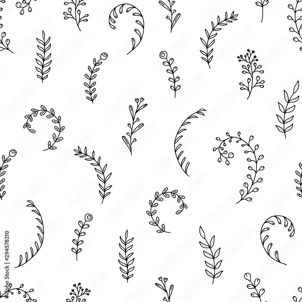 Hand drawn seamless patter. Contour wildflowers on white background. Herbal design for print, fabric, wrapping, scrapbooking. Simple nature ornament with curved twigs of plants