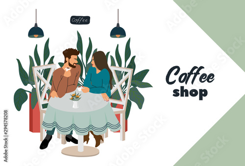 Coffee shop with visitors, young couple sitting at the table. Modern flat vector concept illustration for small business