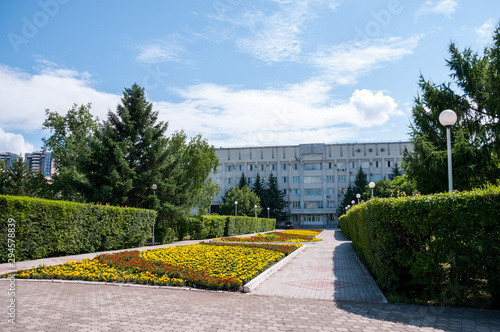 Russia, Blagoveshchensk, July 2019: Flowerbed in the Park behind the city administration in Blagoveshchensk in summer photo