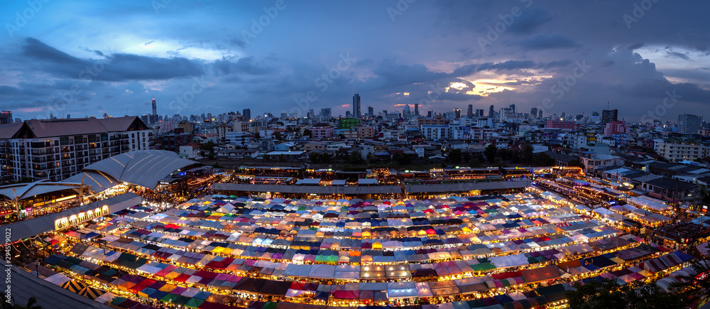 Bangkok, Thailand - June 17, 2019: Night view of the Train Night Market Ratchada. Train Night market at Bangkok, Thailand