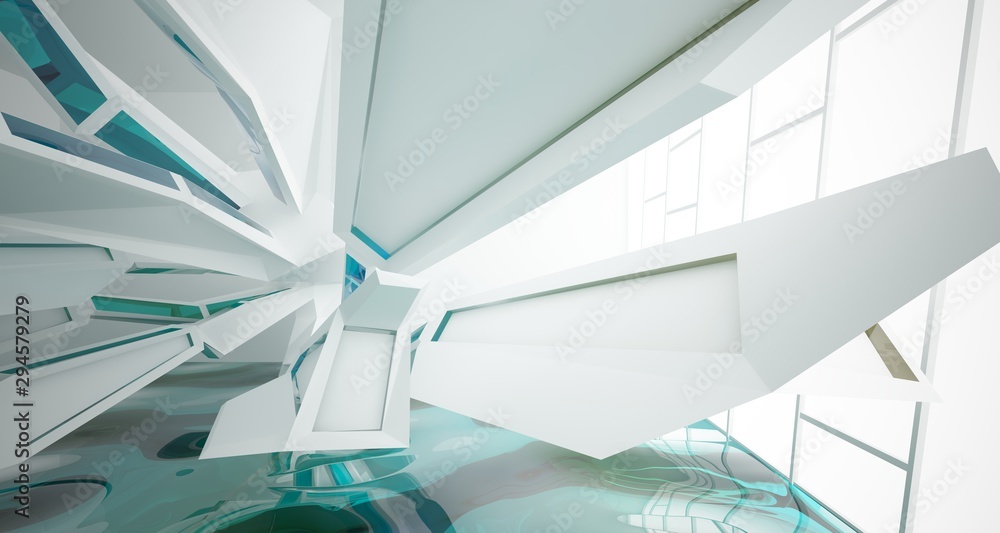 Fototapeta Abstract white interior with water and window. 3D illustration and rendering.