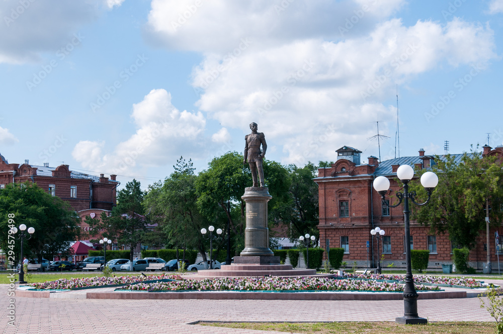 Russia, Blagoveshchensk, July 2019: Monument to count Muravyov-Amursky in Blagoveshchensk on the embankment in summer