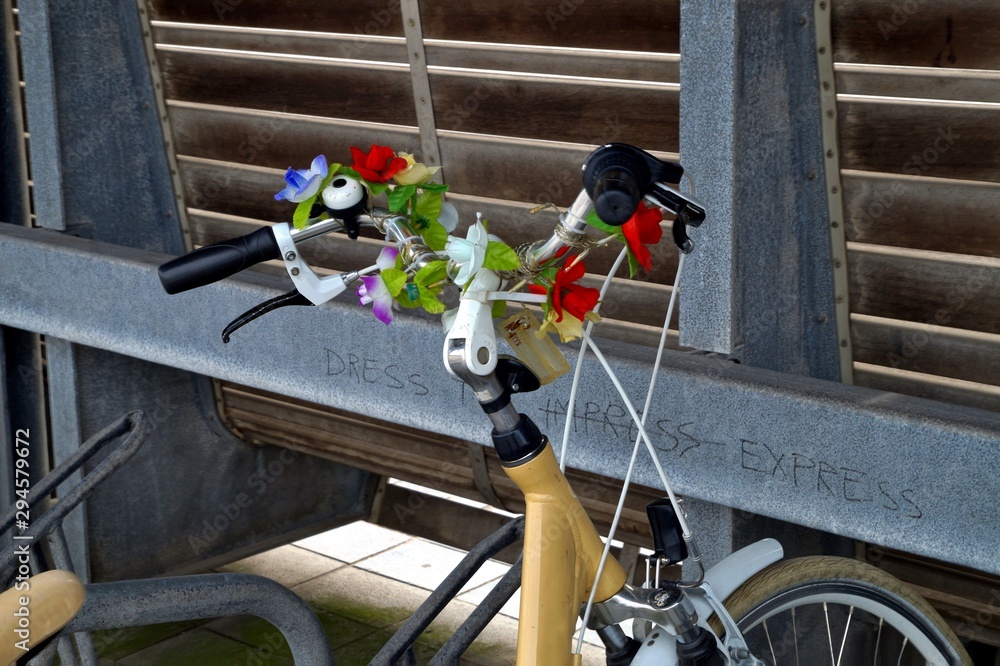 Bicycles and flowers, Parked on the sidewall of the Bicycles parking,  lettered with - Dress to Impress - Dress to Express