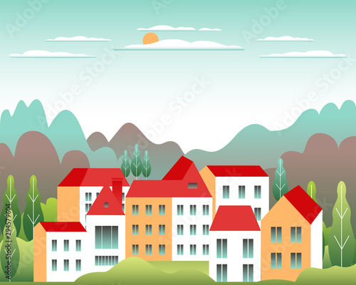 Hills and mountains landscape, house farm in flat style design. Outdoor panorama countryside illustration. Green field, tree, forest, blue sky and sun. Rural location, cartoon vector background © cosveta