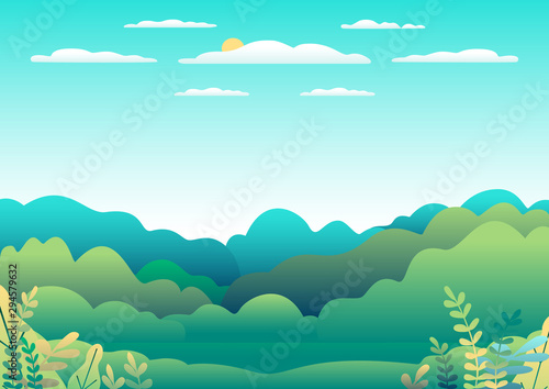 Hills and mountains landscape in flat style design. Valley background panorama countryside illustration. Beautiful green field, meadow, mountains and blue sky and sun. Rural location, cartoon vector b