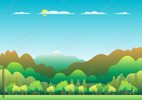 Hills and mountains landscape in flat style design. Valley background panorama countryside illustration. Beautiful green field, meadow, mountains and blue sky and sun. Rural location, cartoon vector b