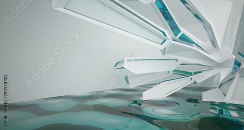 Abstract white interior with water and window. 3D illustration and rendering.