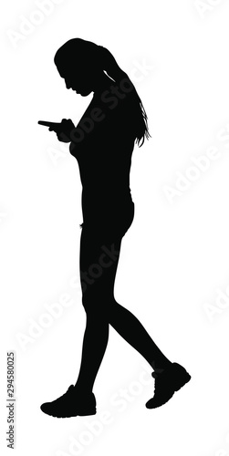 Handsome woman talking on mobile phone vector silhouette isolated on white background. Girl walking with cell smart phone. Active lady urban scene. Selfie by online internet. Wi Fi finding around