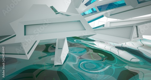 Abstract white interior with water and window. 3D illustration and rendering.