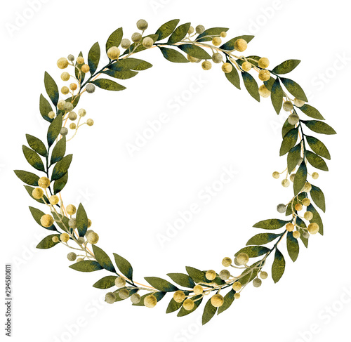 Floral wreath with gold berries and dark green leafed branches hand drawn in watercolor isolated on a white background. Ideal for invitations  frames  post cards and greeting cards.