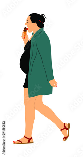 Pregnant woman vector illustration isolated on white. Pregnant girl walking eat ice cream. Elegant pregnant lady active life. Health care activity. Happy mother waiting baby to be born. sweet desert