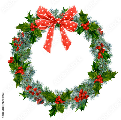 Christmas wreath with holly, red berries, thuja and spruce branches, decorated with a red bow hand drawn in watercolor isolated on a white background. Ideal for invitations, frames, and greeting cards