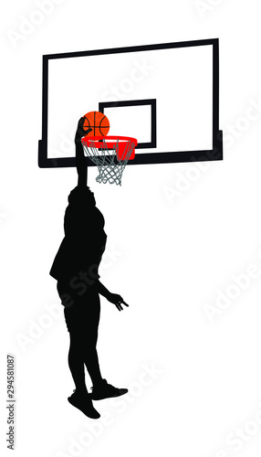 Basketball player stunt jumping and dunking silhouette isolated on white background. Basketball player making slam dunk vector illustration. Basketball hoop and board vector silhouette illustration.