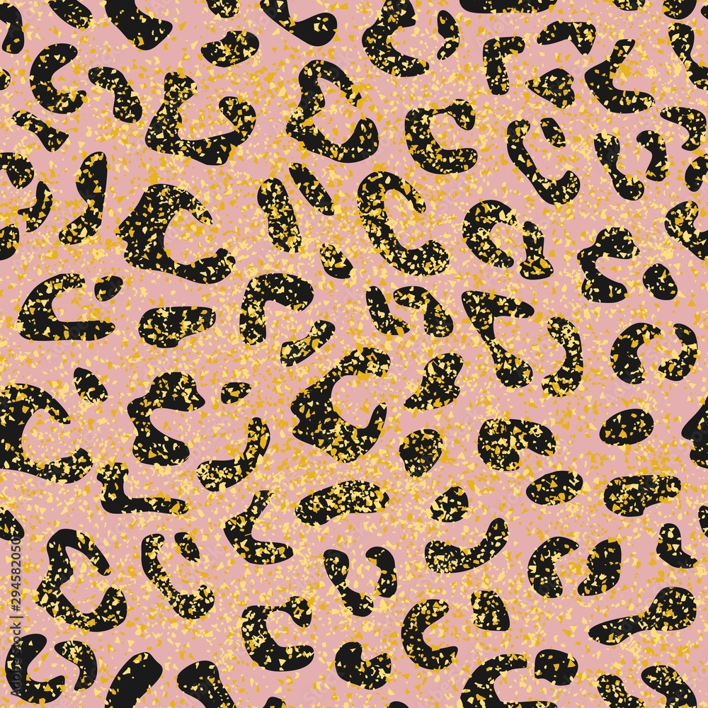 Seamless leopard pattern design, animal pink and black tile print background with gold dust vector illustration