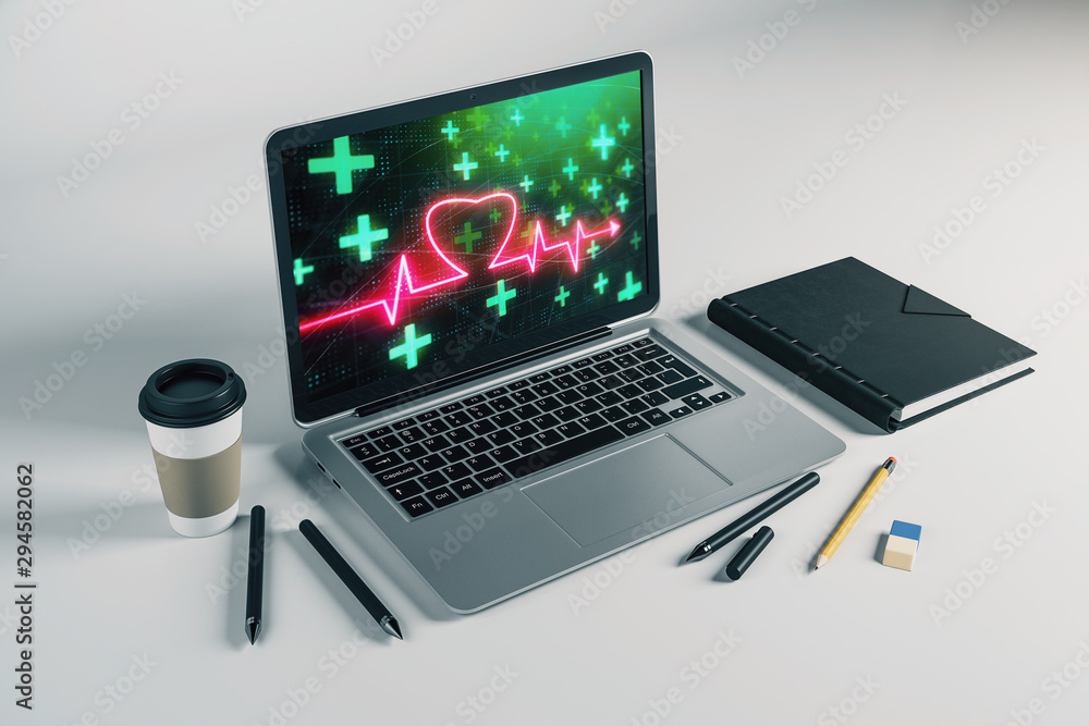 Laptop closeup with human heart drawing on computer screen. Education concept. 3d rendering. Laptop closeup with human heart drawing on computer screen. Education concept. 3d rendering.