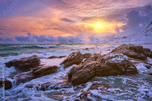 Norwegian Sea waves on rocky coast of Lofoten islands  Norway