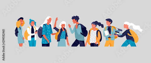 Happy teenagers and students. Group of friends character are laughing and talking. Stylish smiling boys and girls. Young generation pupils or millennials. Colorful cartoon concept vector illustration