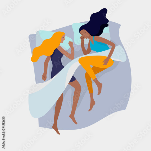 Sleeping girls character. woman are sleep in bed together in various poses, different postures during night slumber. Top view. Colorful vector illustration