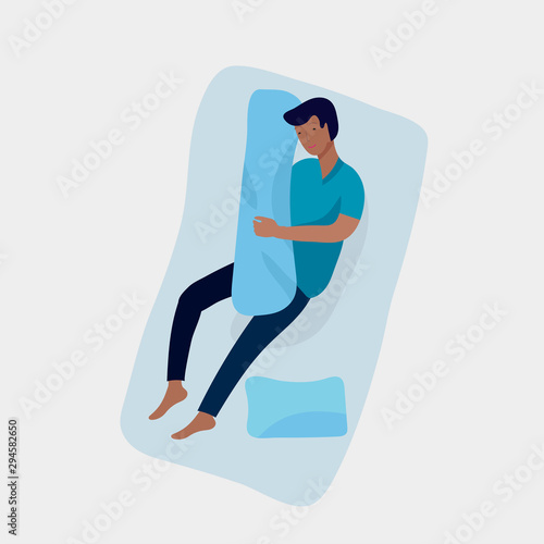 Sleeping man character. Boy are sleep in bed alone in relax pose. Top view. Colorful vector illustration