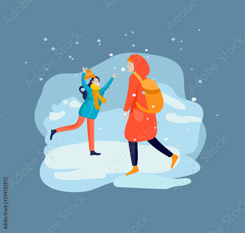 Various stylish people character go on street in warm clothes. Winter snowfall weather. Happy New Year. Colored trendy cartoon vector illustration