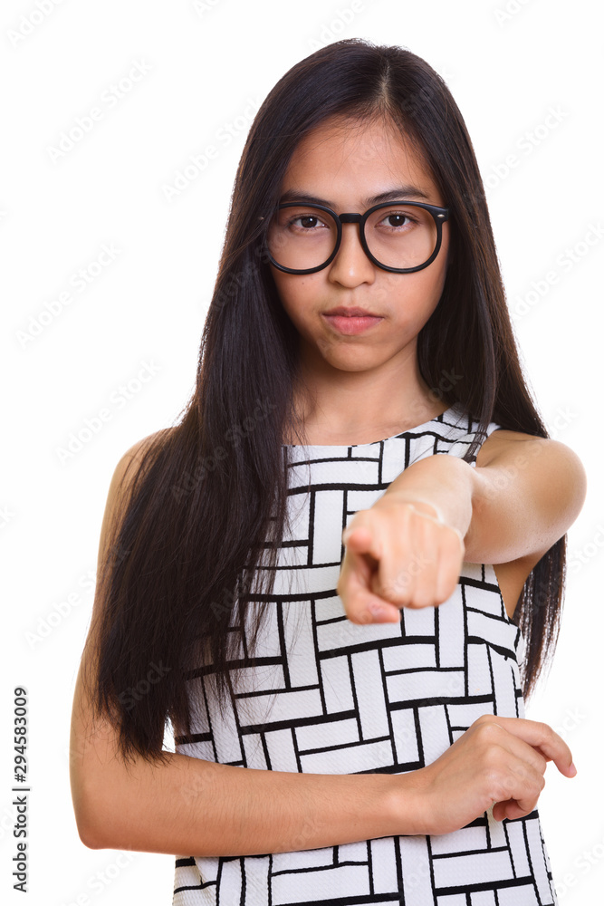 Young Asian teenage nerd girl pointing finger at camera Stock Photo | Adobe  Stock