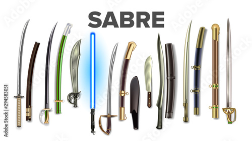 Bright Collection Of Ancient Sabers Set Vector. Katana And Machete, Pirate Sword And Scimitar, Curved And Straight Blade Sabers And Fantasy Laser Beam Weapon. Template Realistic 3d Illustrations