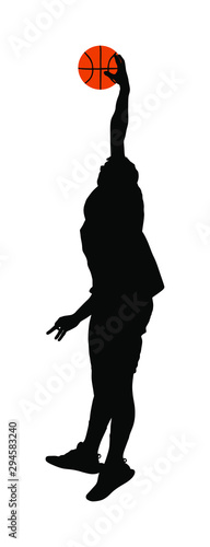 Basketball player stunt jumping and dunking silhouette isolated on white background. Basketball player making slam dunk vector illustration. Hoop and board vector silhouette illustration.