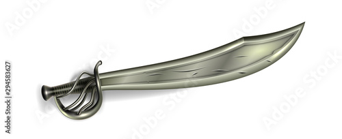 Vintage Pirate Saber Blade And Armed Handle Vector. Ancient Arm Blanche Saber Dagger. Antique Criminal Sea Bandit Equipment Metal Weapon Longsword Template Realistic 3d Illustration