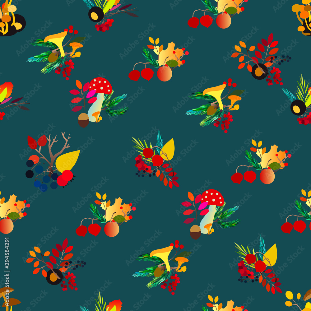 Autumn seamless pattern with berries, acorns, pine cone, mushrooms, branches and leaves. Autumn seamless pattern with berries, acorns, pine cone, mushrooms, branches and leaves.