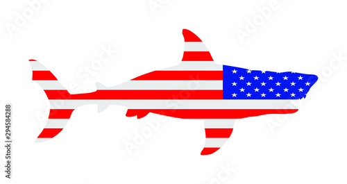 USA flag over Shark vector silhouette isolated on white. Sea predator. Danger on beach alert. Open jaws beast. Fear for divers swimmers. America under water alert for diving swimming. Volusia County.
